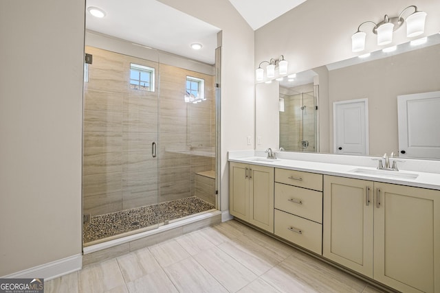 1058 Kirkland Cir, Smyrna, GA 30080 - full bathroom featuring a stall shower, double vanity, and tile patterned floors