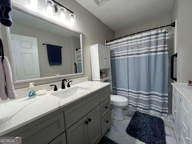 43 Fabian Ln, Hinesville, GA 31313 - bathroom featuring vanity, a textured ceiling, toilet, marble look tile flooring, and a shower with curtain