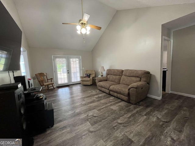 43 Fabian Ln, Hinesville, GA 31313 - living room with a ceiling fan, dark wood finished floors, high vaulted ceiling, baseboards, and french doors