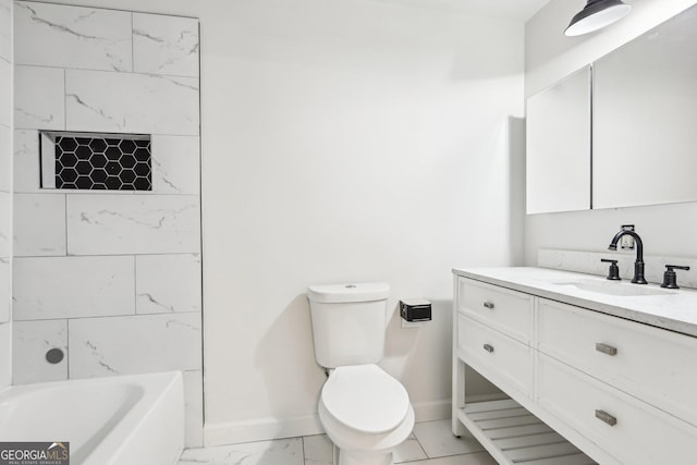 6072 Holiday Blvd, Forest Park, GA 30297 - bathroom with marble look tile flooring, toilet, vanity, and baseboards