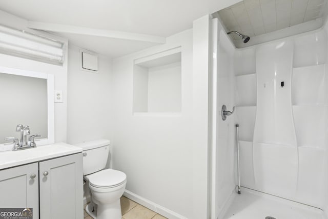 6072 Holiday Blvd, Forest Park, GA 30297 - full bathroom with vanity, a shower, toilet, tile patterned floors, and baseboards