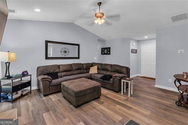 333 Ivy Hills Cir, Mount Airy, GA 30563 - living area with ceiling fan, wood finished floors, lofted ceiling, and recessed lighting