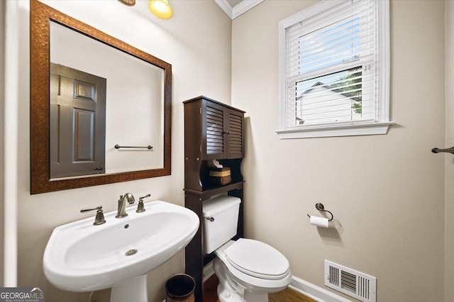 161 Highgrove Dr, Suwanee, GA 30024 - bathroom with toilet, a sink, baseboards, and ornamental molding
