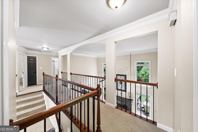 161 Highgrove Dr, Suwanee, GA 30024 - hall featuring an upstairs landing, carpet flooring, crown molding, and baseboards