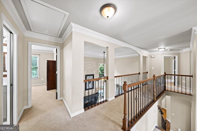 161 Highgrove Dr, Suwanee, GA 30024 - corridor featuring attic access, carpet, an upstairs landing, crown molding, and baseboards