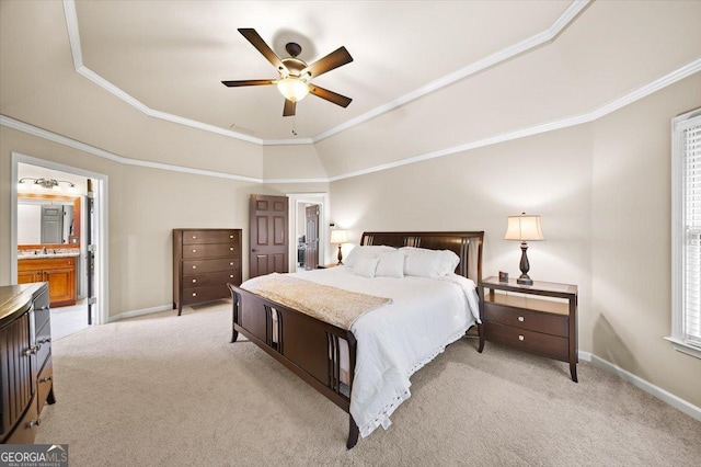 161 Highgrove Dr, Suwanee, GA 30024 - bedroom with ornamental molding, light carpet, baseboards, a sink, and connected bathroom