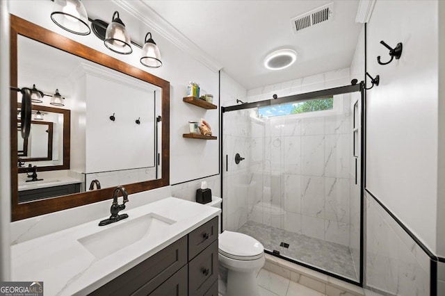 161 Highgrove Dr, Suwanee, GA 30024 - bathroom with a shower stall, toilet, vanity, and crown molding