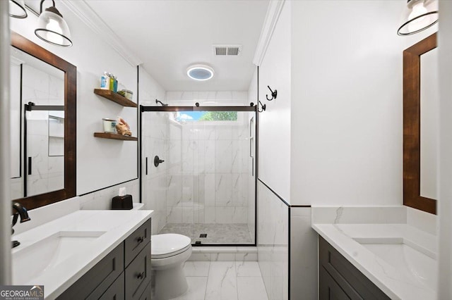 161 Highgrove Dr, Suwanee, GA 30024 - full bathroom featuring vanity, marble look tiles, toilet, a stall shower, and crown molding