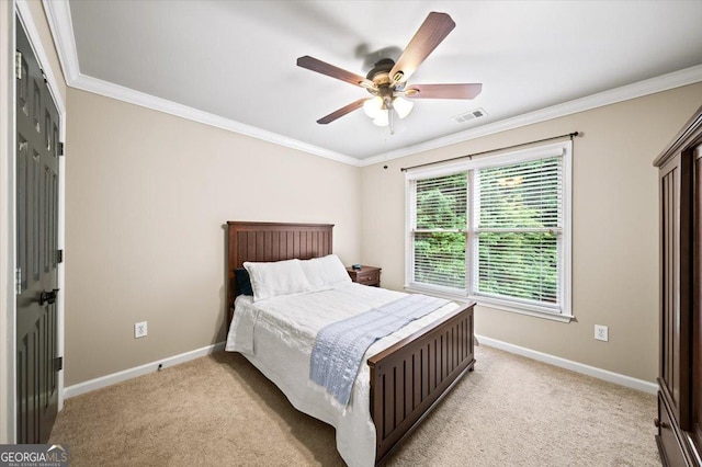 161 Highgrove Dr, Suwanee, GA 30024 - bedroom featuring baseboards, light carpet, crown molding, and ceiling fan