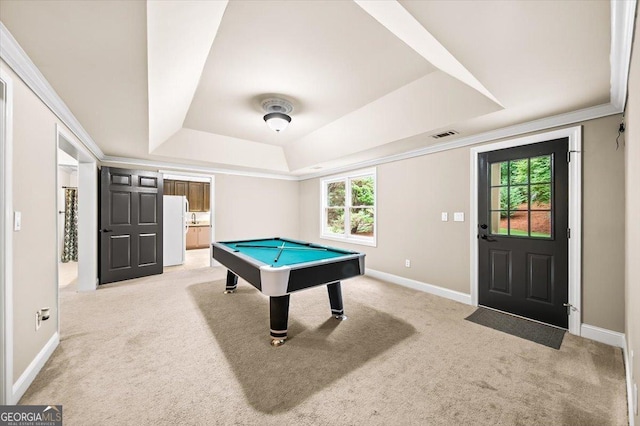 161 Highgrove Dr, Suwanee, GA 30024 - rec room featuring a tray ceiling, light carpet, and baseboards