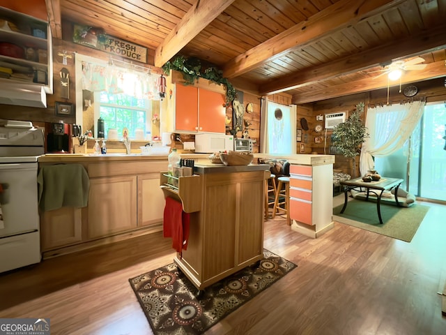 87 Garden Ln, Cleveland, GA 30528 - kitchen with wooden ceiling with exposed beams, range, plenty of natural light, and light wood finished floors