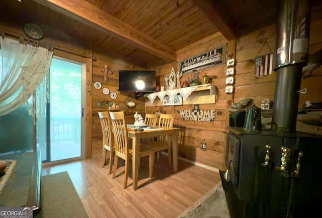 87 Garden Ln, Cleveland, GA 30528 - dining area with a wood stove, wooden walls, wood finished floors, and wooden ceiling with exposed beams