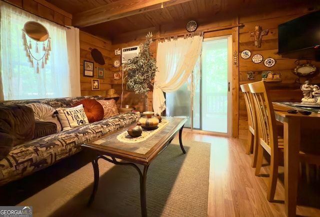 87 Garden Ln, Cleveland, GA 30528 - living room with light wood finished floors, wood walls, and wooden ceiling with exposed beams