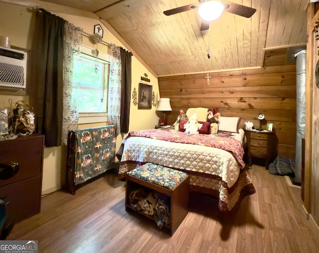 87 Garden Ln, Cleveland, GA 30528 - bedroom featuring wooden ceiling, wood finished floors, lofted ceiling, a ceiling fan, and a wall mounted AC