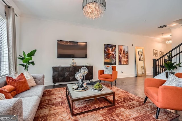 2543 Oakbourne Ln Unit 14, Smyrna, GA 30080 - living area with stairs, wood finished floors, baseboards, ornamental molding, and a chandelier