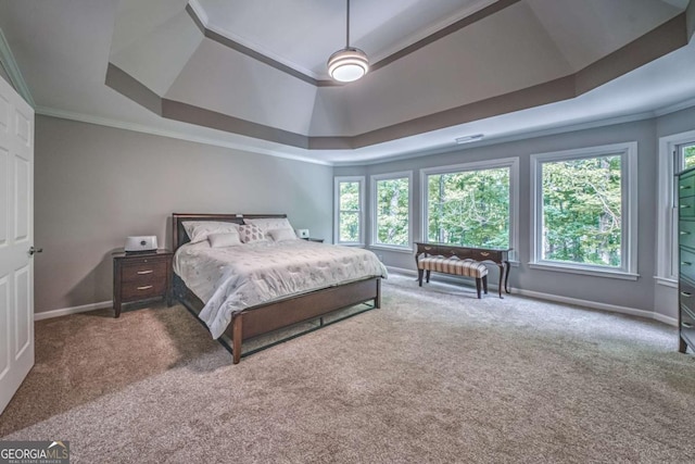 1325 Starboard Way, Cumming, GA 30041 - carpeted bedroom featuring a tray ceiling, multiple windows, baseboards, and crown molding