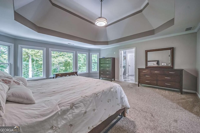 1325 Starboard Way, Cumming, GA 30041 - bedroom featuring a raised ceiling, carpet flooring, crown molding, ensuite bath, and baseboards