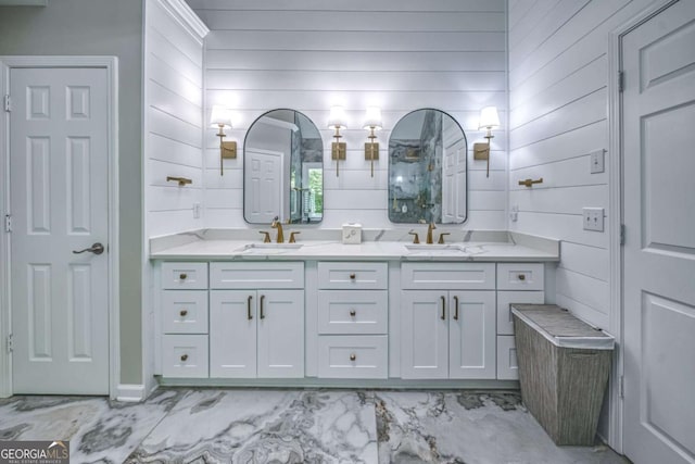 1325 Starboard Way, Cumming, GA 30041 - full bath with double vanity, wooden walls, marble look tile flooring, and a shower