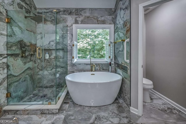 1325 Starboard Way, Cumming, GA 30041 - full bath with marble look tiles, a freestanding bath, toilet, and a marble finish shower