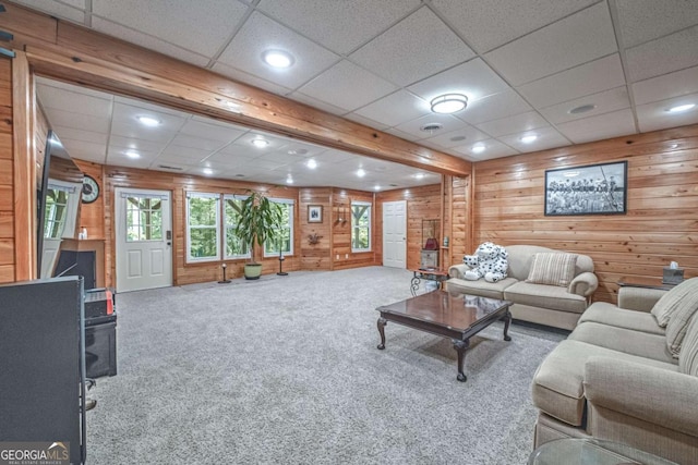 1325 Starboard Way, Cumming, GA 30041 - carpeted living area with wooden walls, recessed lighting, and a drop ceiling