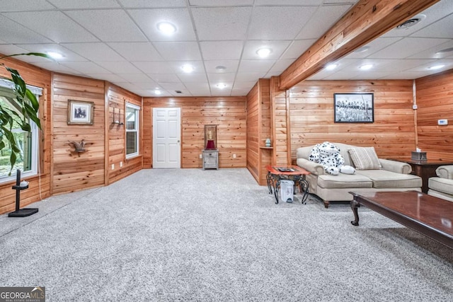 1325 Starboard Way, Cumming, GA 30041 - carpeted living area featuring a drop ceiling, wood walls, and recessed lighting