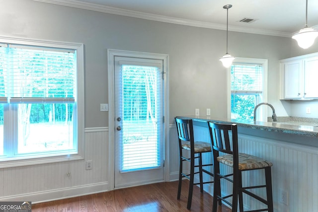 515 Edgewood Dr, Athens, GA 30606 - kitchen featuring dark wood-style floors, white cabinets, stone countertops, pendant lighting, and wainscoting