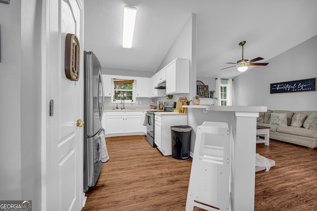 131 Glenn Fuller Cir, Commerce, GA 30529 - kitchen with appliances with stainless steel finishes, lofted ceiling, open floor plan, a peninsula, and under cabinet range hood