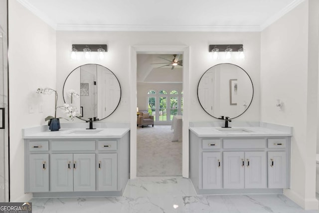 5706 Brookstone Walk NW, Acworth, GA 30101 - full bathroom featuring a ceiling fan, two vanities, marble finish floors, and crown molding