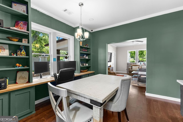 73 Fair St, Newnan, GA 30263 - dining room with ornamental molding, baseboards, dark wood finished floors, an office area, and a chandelier