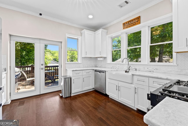 73 Fair St, Newnan, GA 30263 - kitchen with dishwasher, a sink, french doors, tasteful backsplash, and ornamental molding