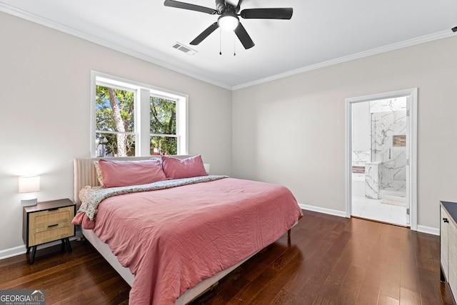 73 Fair St, Newnan, GA 30263 - bedroom with crown molding, hardwood / wood-style flooring, baseboards, ensuite bath, and a ceiling fan