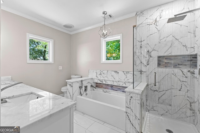 73 Fair St, Newnan, GA 30263 - bathroom with vanity, a garden tub, a marble finish shower, marble finish floors, and toilet