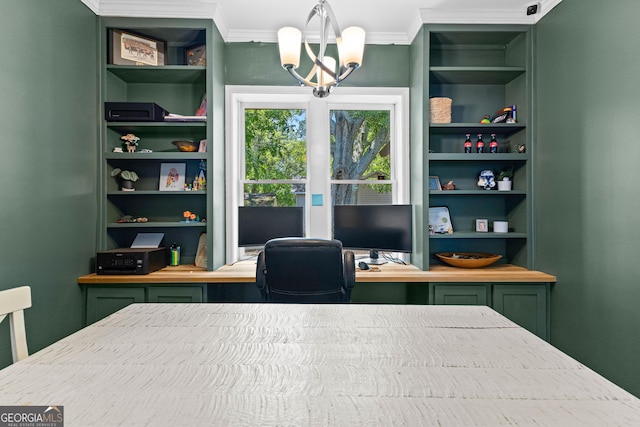 73 Fair St, Newnan, GA 30263 - home office with a chandelier, crown molding, and built in shelves