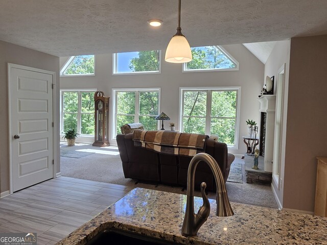 1356 Woodbrier, Sautee Nacoochee, GA 30571 - living room featuring plenty of natural light, baseboards, lofted ceiling, light carpet, and a textured ceiling