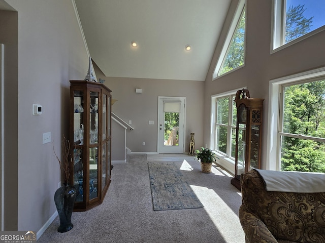 1356 Woodbrier, Sautee Nacoochee, GA 30571 - foyer featuring high vaulted ceiling, carpet flooring, baseboards, recessed lighting, and stairway