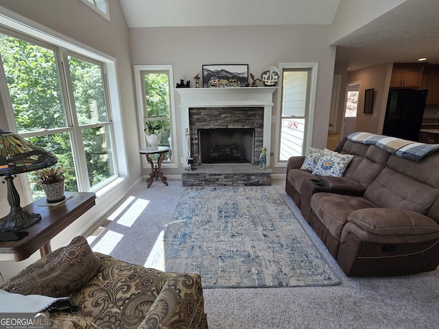 1356 Woodbrier, Sautee Nacoochee, GA 30571 - living room with vaulted ceiling, carpet, a fireplace, and baseboards