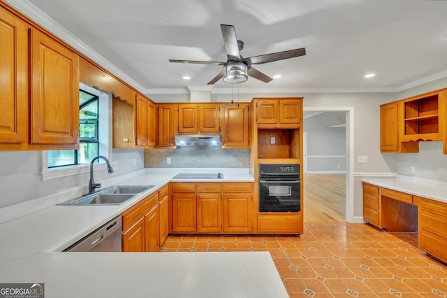 112 White Oak Cir, Dublin, GA 31021 - kitchen featuring black appliances, a sink, open shelves, ornamental molding, and under cabinet range hood
