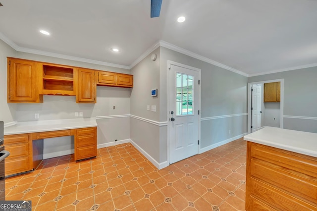 112 White Oak Cir, Dublin, GA 31021 - kitchen featuring light countertops, open shelves, baseboards, brown cabinetry, and crown molding