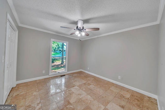 112 White Oak Cir, Dublin, GA 31021 - empty room featuring a ceiling fan, a textured ceiling, baseboards, and crown molding