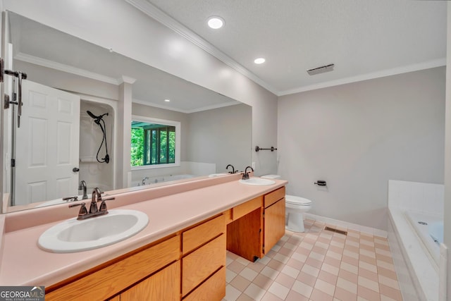 112 White Oak Cir, Dublin, GA 31021 - bathroom featuring a bath, crown molding, toilet, double vanity, and baseboards