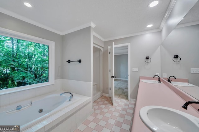 112 White Oak Cir, Dublin, GA 31021 - bathroom with a jetted tub, double vanity, tile patterned floors, recessed lighting, and ornamental molding