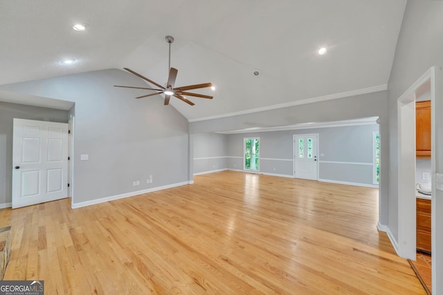112 White Oak Cir, Dublin, GA 31021 - unfurnished living room with vaulted ceiling, ceiling fan, light wood finished floors, baseboards, and recessed lighting