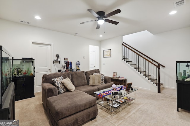 178 Munira Ln SW, South Fulton, GA 30331 - carpeted living area with ceiling fan, stairs, and recessed lighting