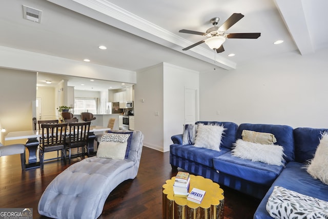178 Munira Ln SW, South Fulton, GA 30331 - living area with a ceiling fan, crown molding, wood finished floors, beamed ceiling, and recessed lighting