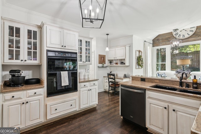 750 Highview Ct, Woodstock, GA 30189 - kitchen with dishwasher, a sink, a chandelier, dark wood-style flooring, and glass insert cabinets