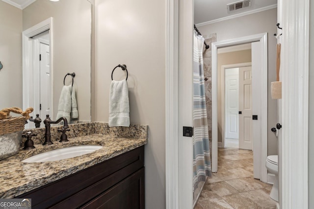750 Highview Ct, Woodstock, GA 30189 - bathroom with ornamental molding, vanity, toilet, a shower with shower curtain, and baseboards