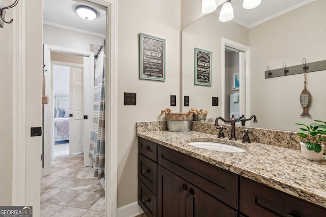 750 Highview Ct, Woodstock, GA 30189 - full bathroom with vanity, crown molding, a shower with curtain, and baseboards