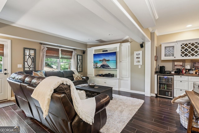 750 Highview Ct, Woodstock, GA 30189 - living room with wine cooler, a dry bar, ornamental molding, dark wood-style flooring, and baseboards