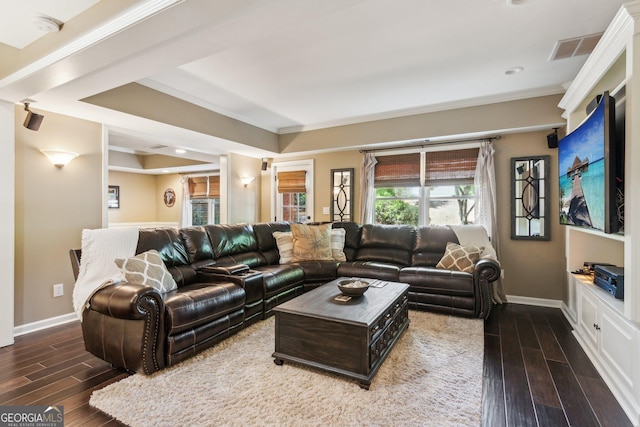 750 Highview Ct, Woodstock, GA 30189 - living room with baseboards, wood finished floors, ornamental molding, and recessed lighting