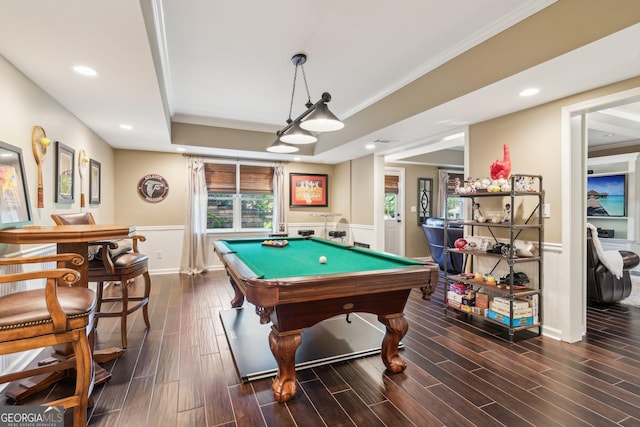 750 Highview Ct, Woodstock, GA 30189 - rec room featuring a wainscoted wall, pool table, dark wood-type flooring, a raised ceiling, and crown molding